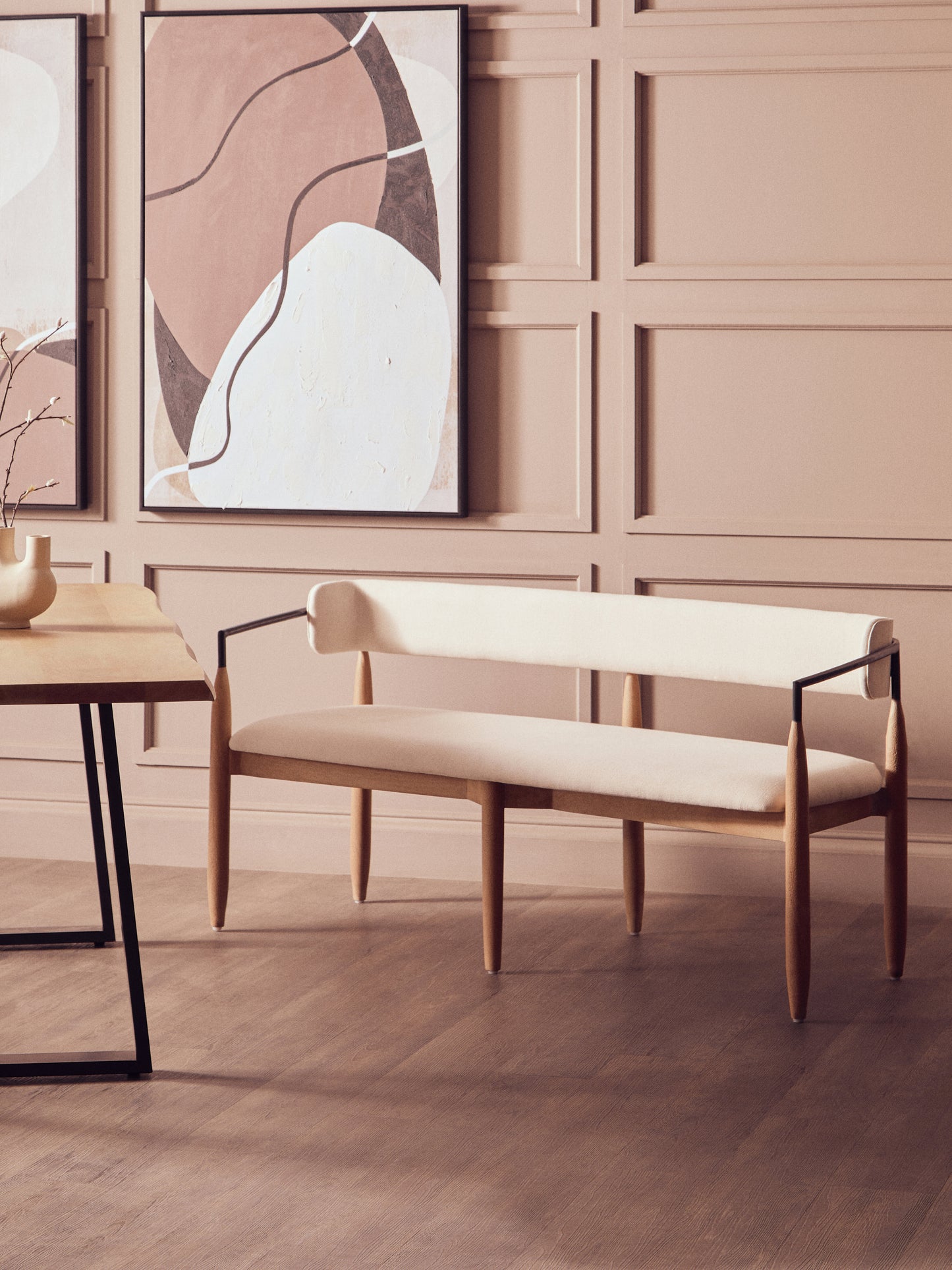 TORA CREAM TEXTURED DINING BENCH WITH WOOD FRAME