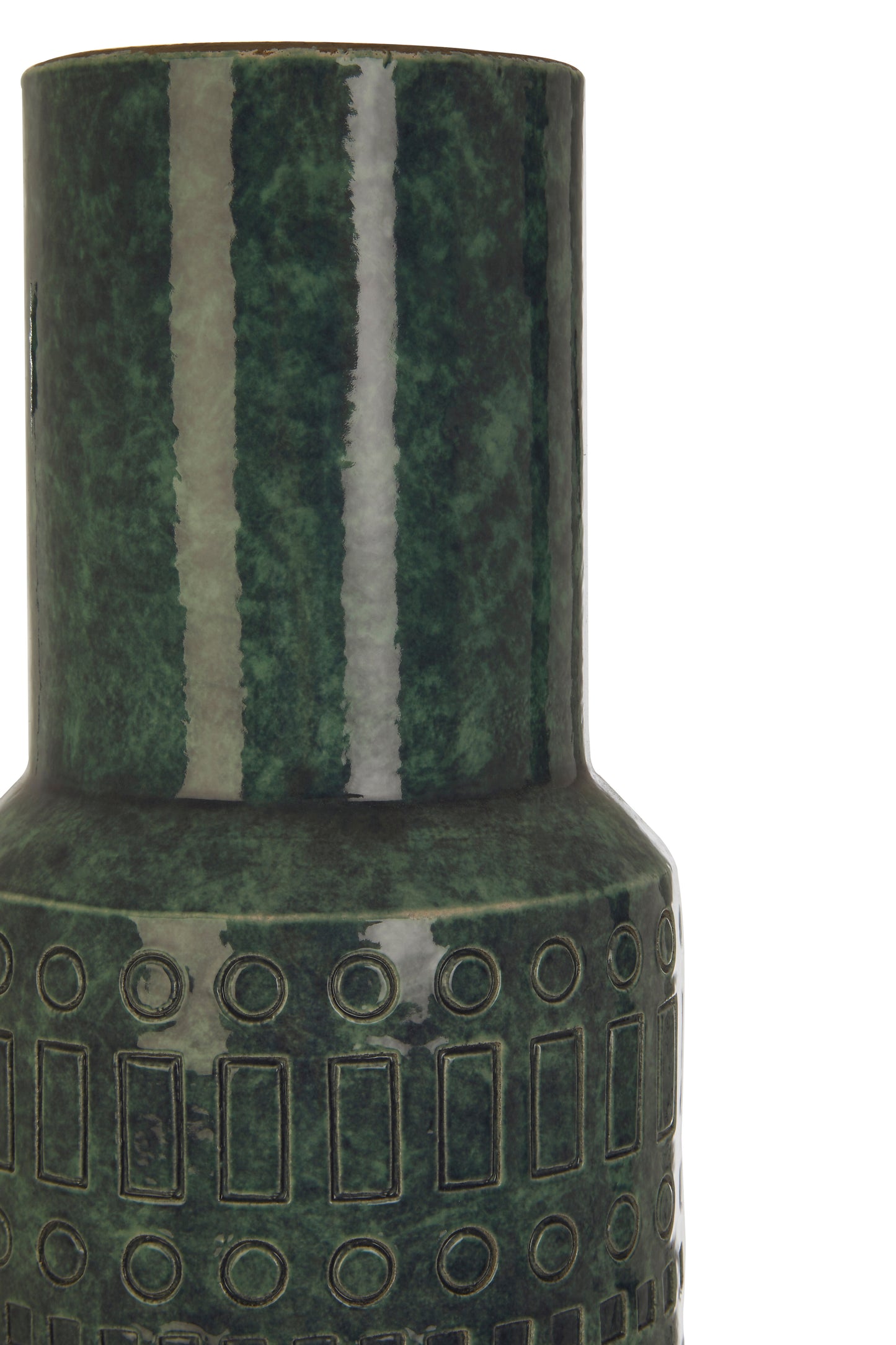 Green ceramic vase with textured design on a white background