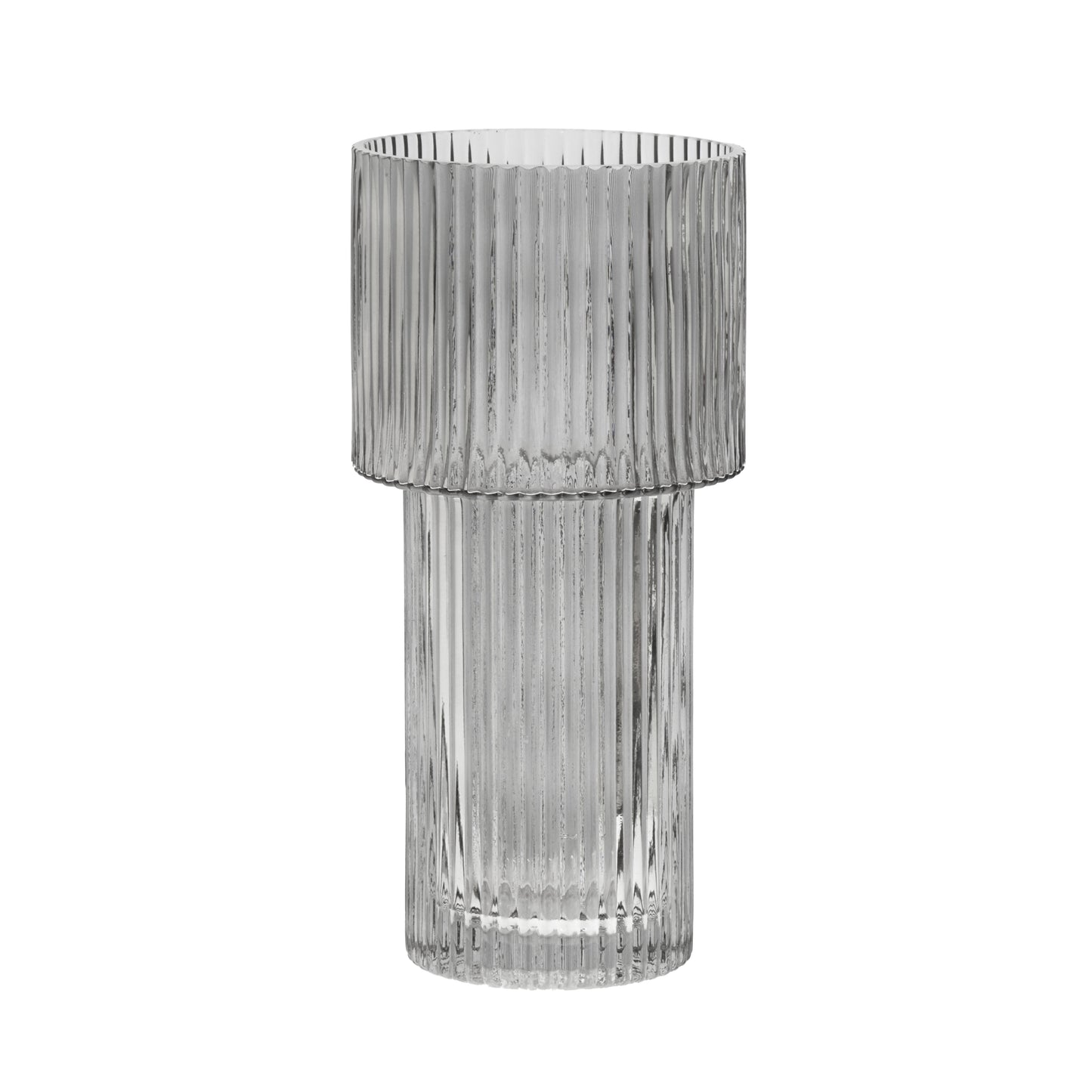 Clear glass vase with ribbed texture on a white background