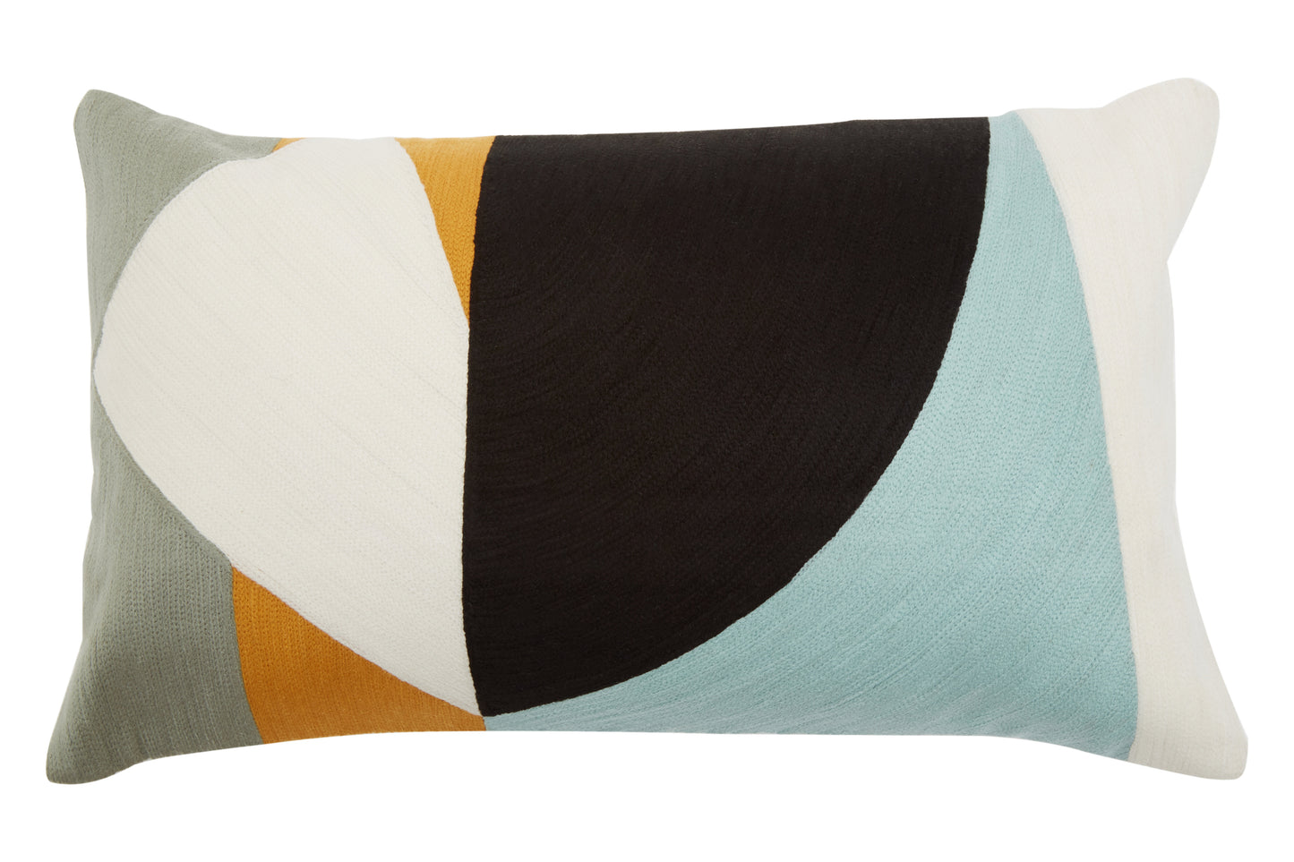 Colorful geometric pillow with abstract design on a white background