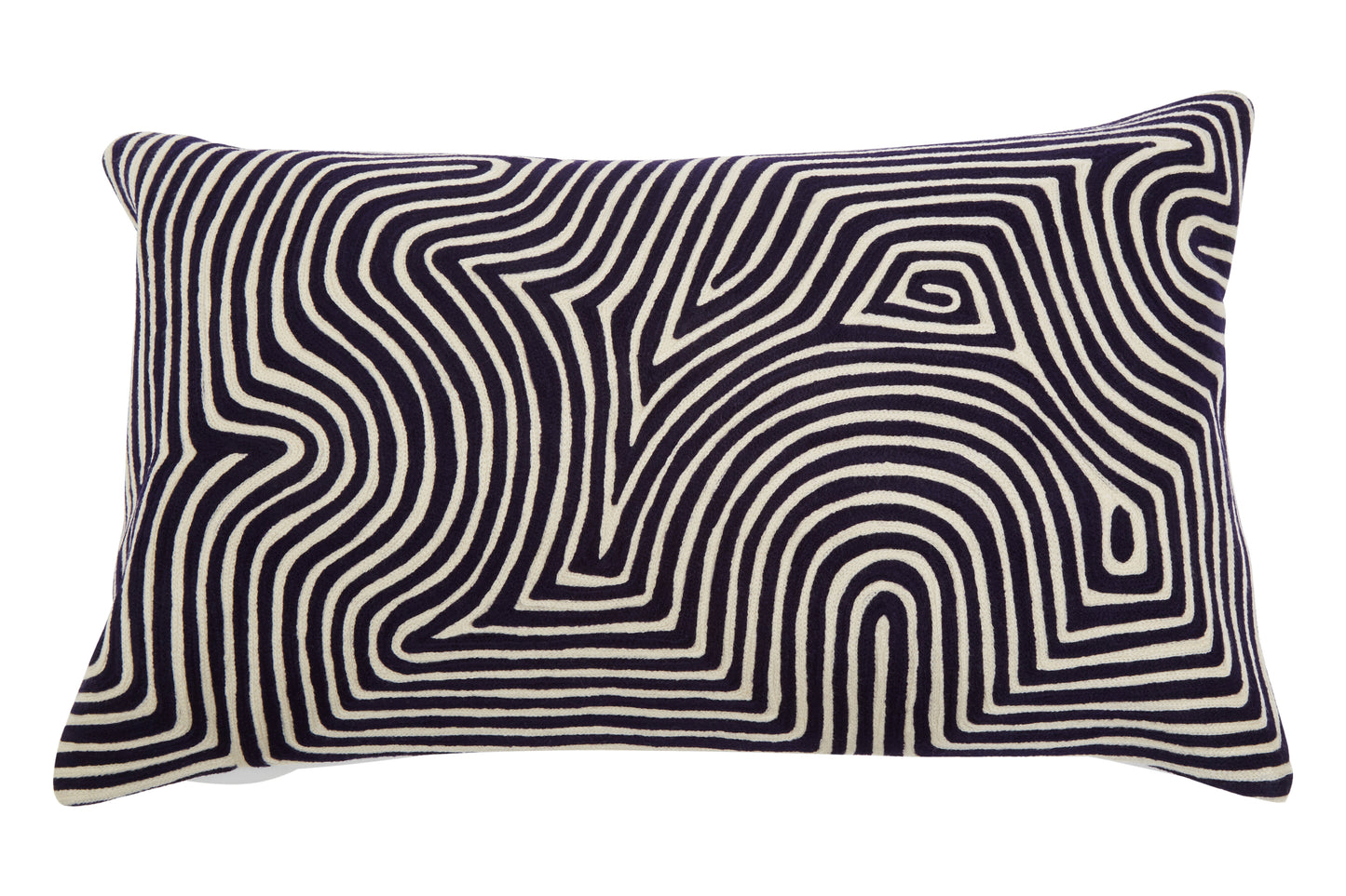 Decorative pillow with black and white wavy pattern on a white background