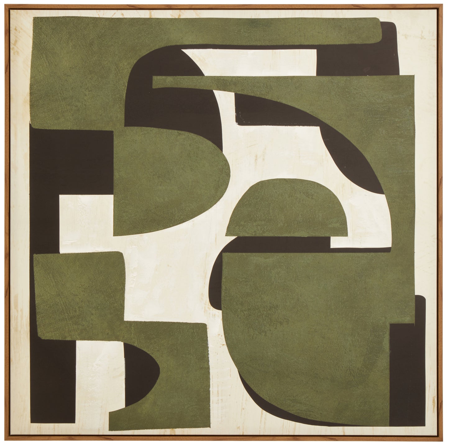 Abstract art piece with geometric shapes in green, brown, and white on a beige background.