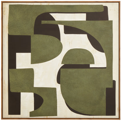 Abstract art piece with geometric shapes in green, brown, and white on a beige background.
