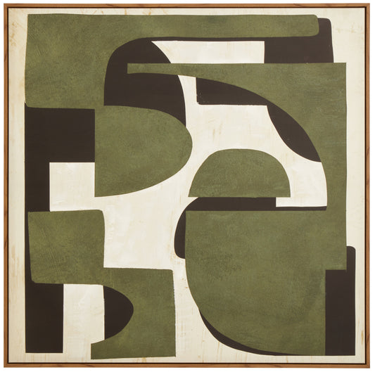 Abstract art piece with geometric shapes in green, brown, and white on a beige background.