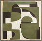 Abstract art piece with geometric shapes in green, brown, and white on a beige background.