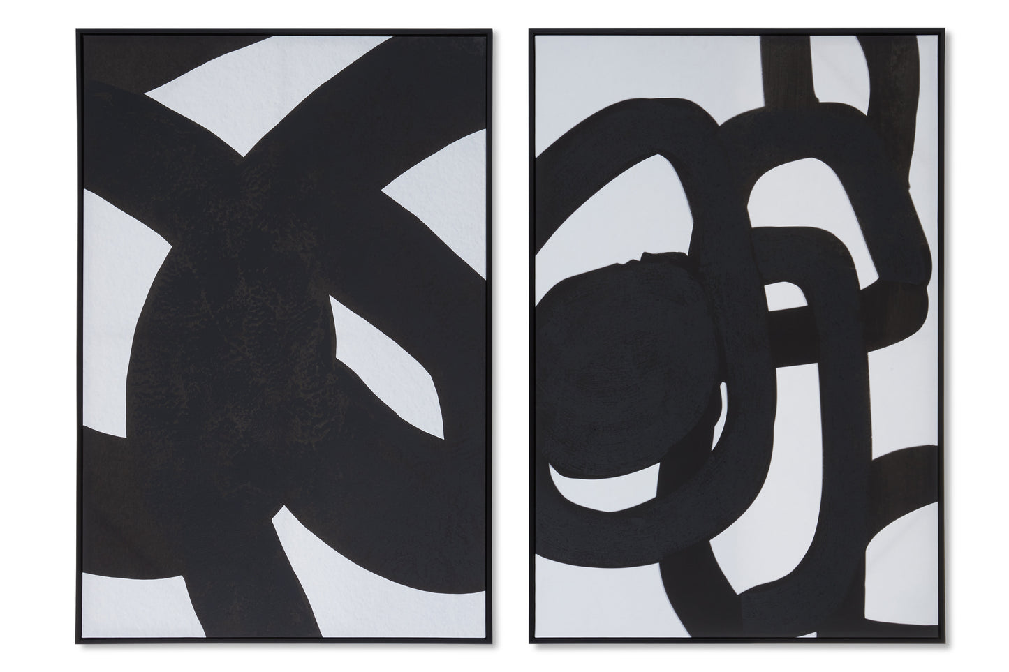 Two abstract black and white artworks side by side on a white background
