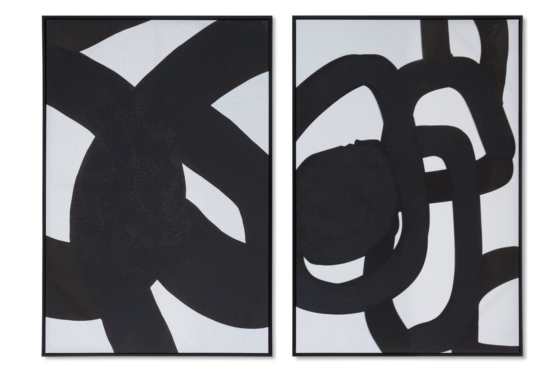 Two abstract black and white artworks side by side on a white background