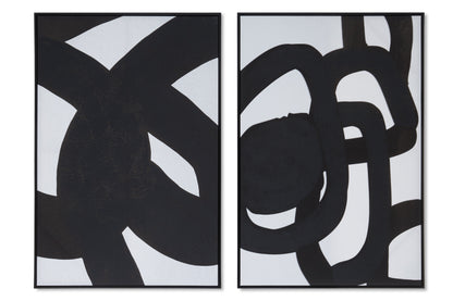Two abstract black and white artworks side by side on a white background
