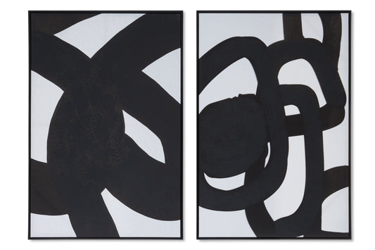 Two abstract black and white artworks side by side on a white background