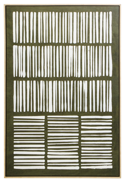 Abstract art piece with white lines on a green background