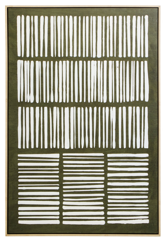 Abstract art piece with white lines on a green background