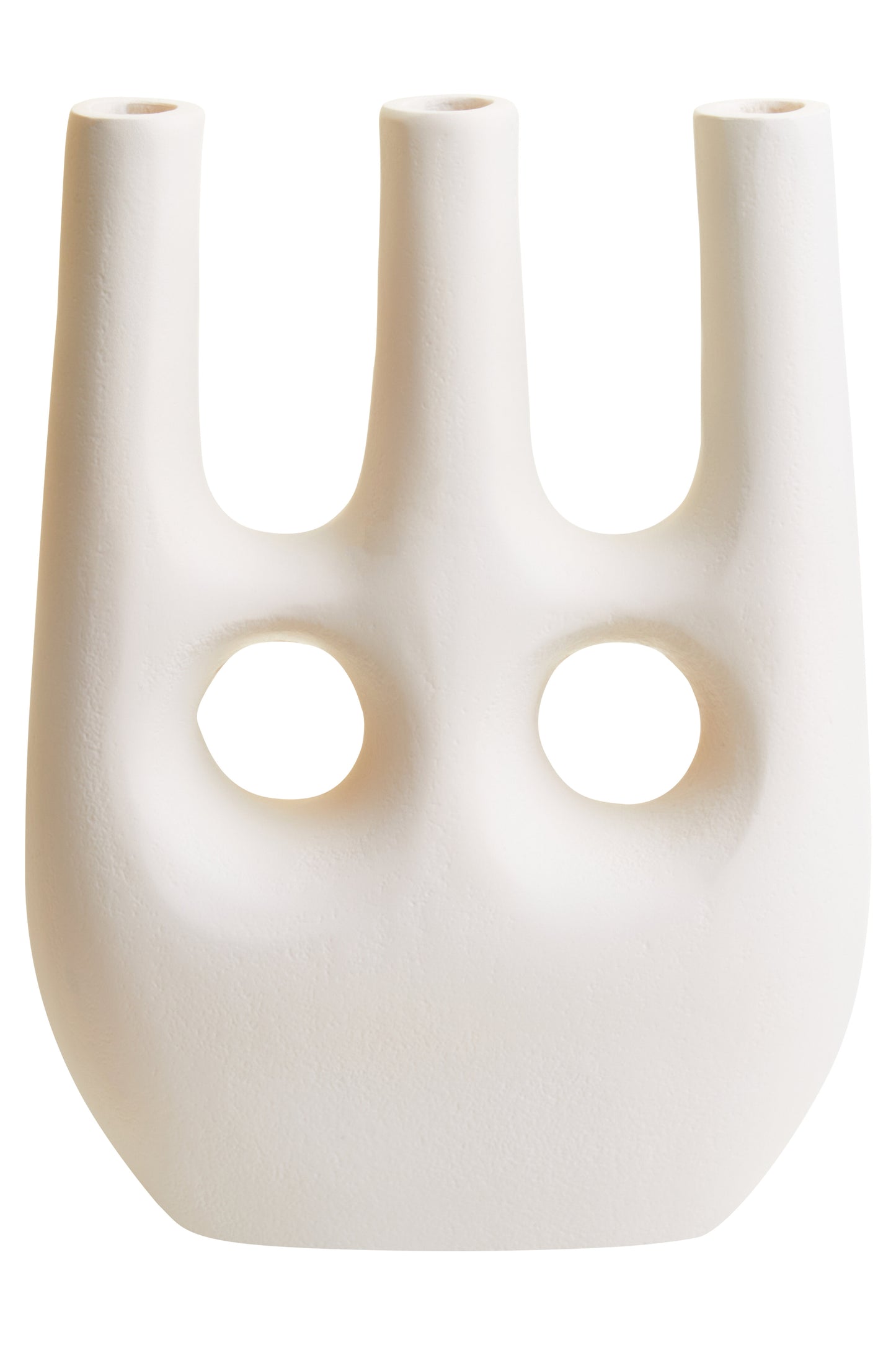 White vase with three cylindrical sections and circular openings on a white background