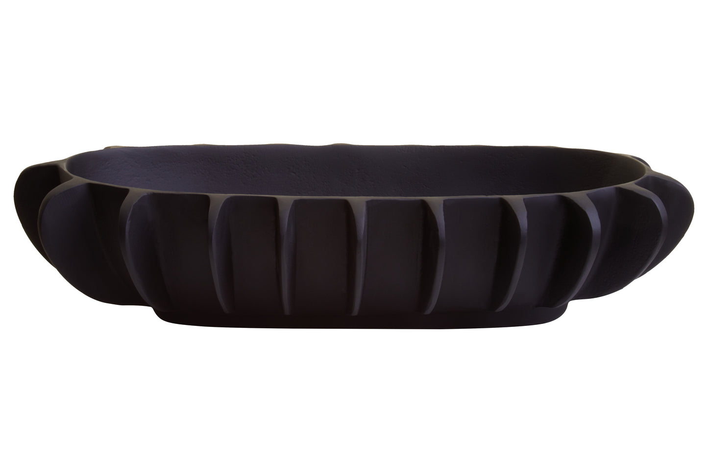 Black decorative bowl with ribbed design on a white background