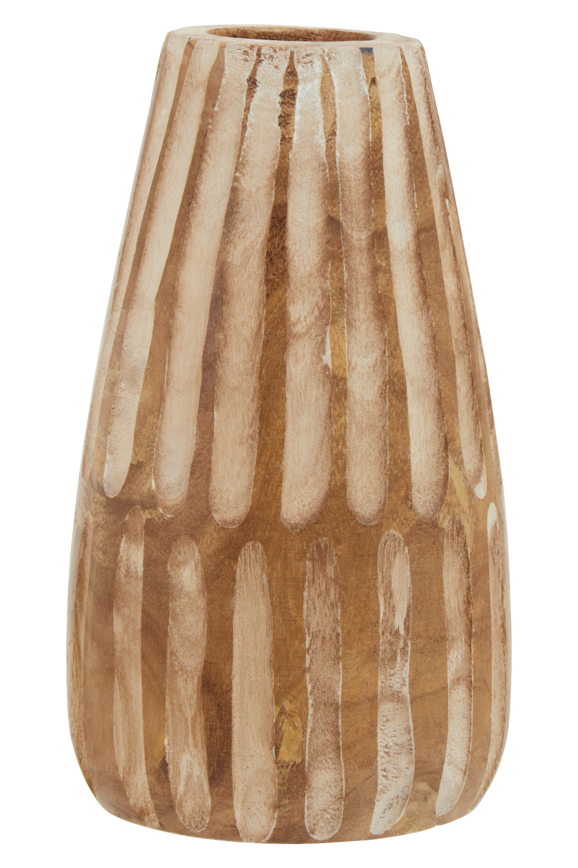 Wooden vase with striped pattern on a white background