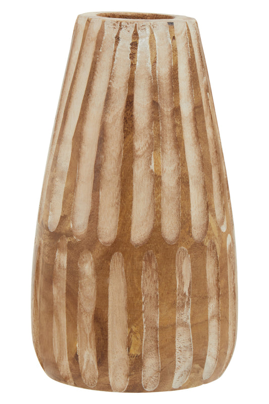 Wooden vase with striped pattern on a white background