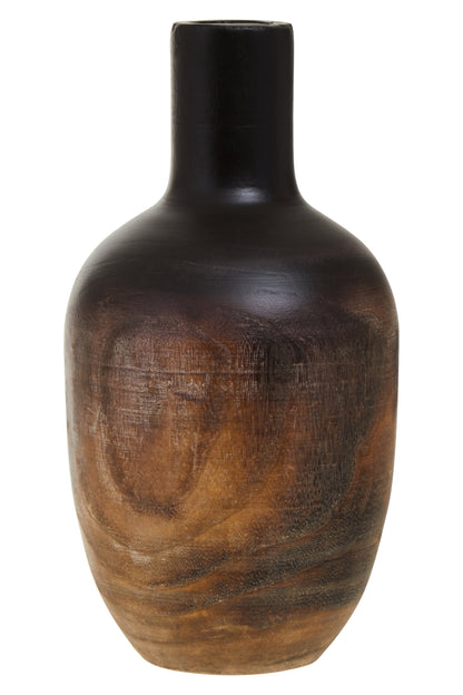 Wooden vase with a dark brown finish on a white background