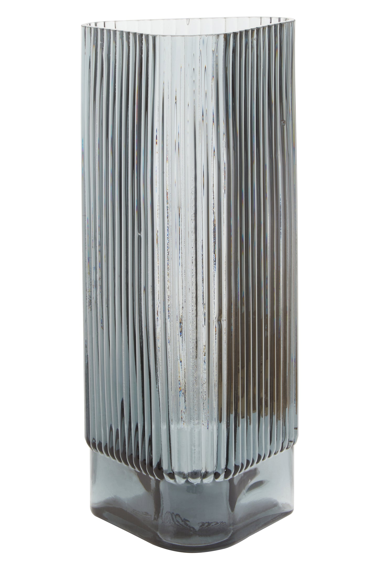 Tall, ribbed glass vase on a white background
