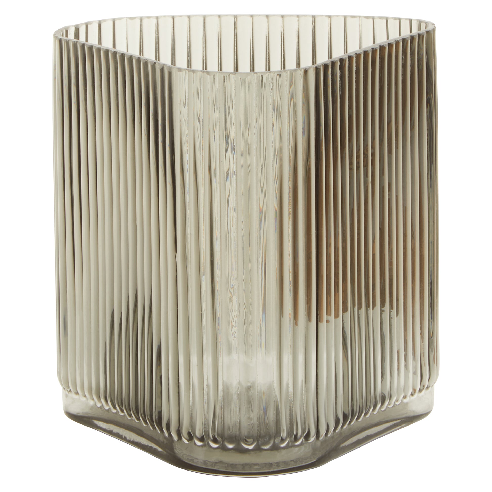 Glass vase with ribbed design on a white background
