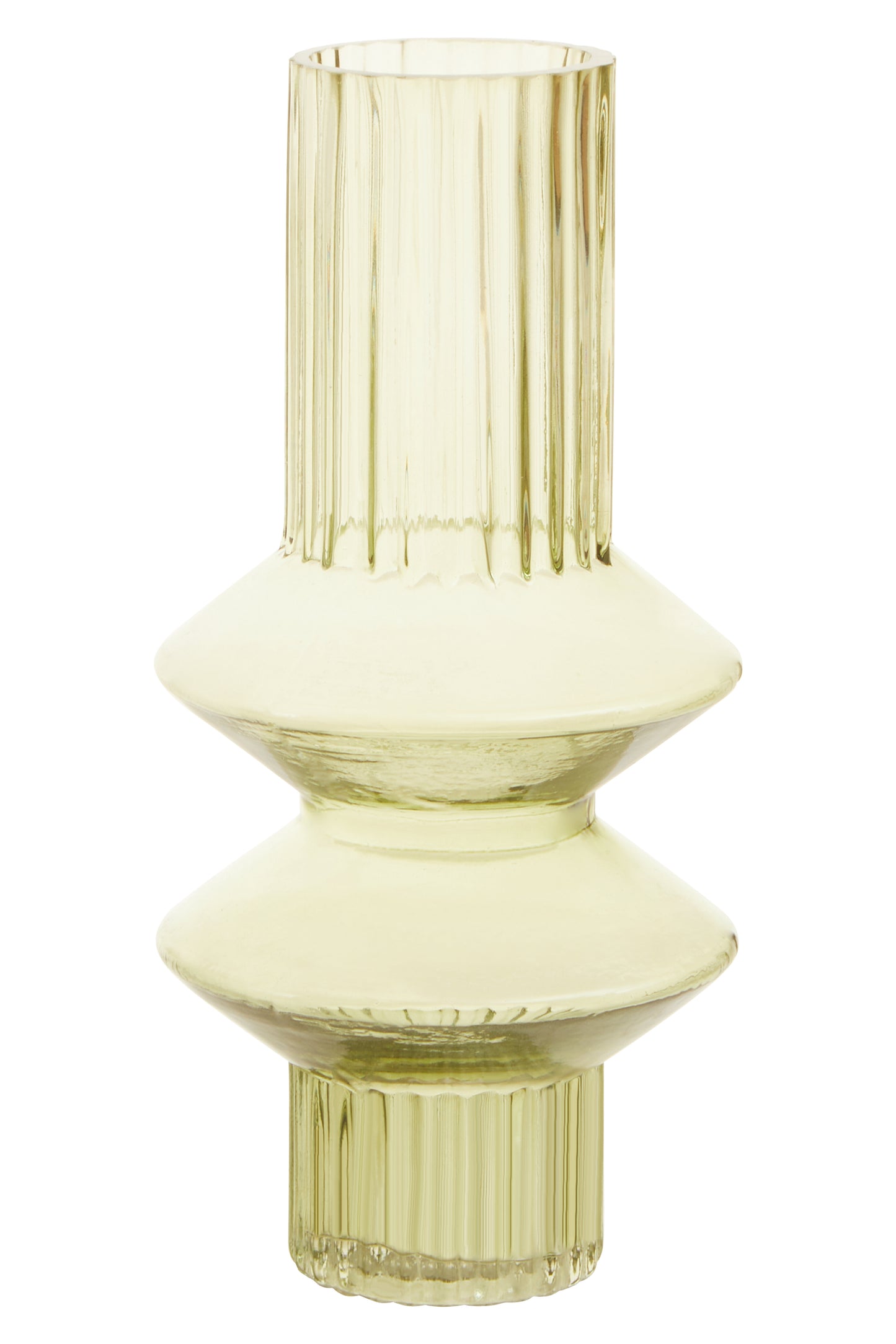 Yellow glass vase with ribbed design on a white background