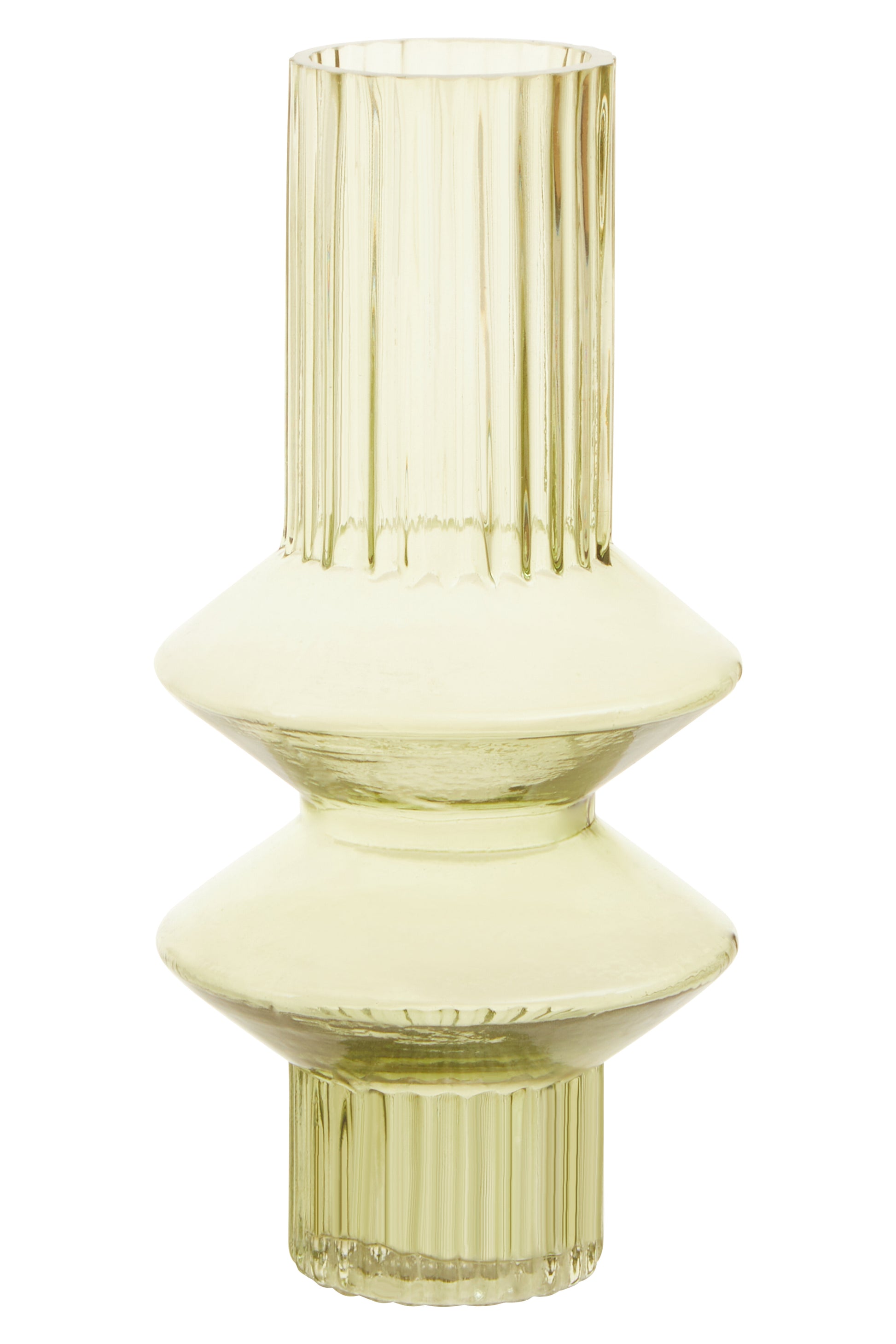 Yellow glass vase with ribbed design on a white background