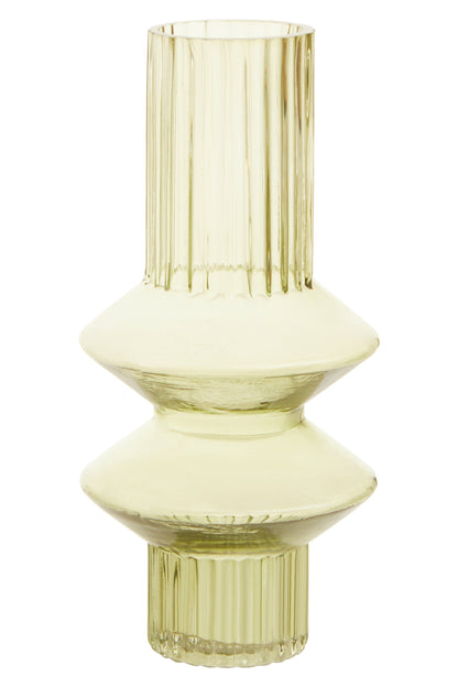 Yellow glass vase with ribbed design on a white background