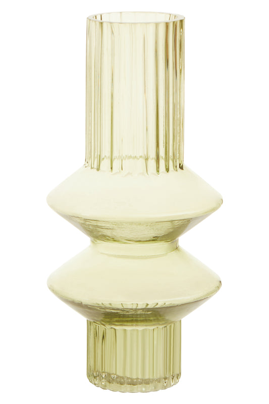 Yellow glass vase with ribbed design on a white background