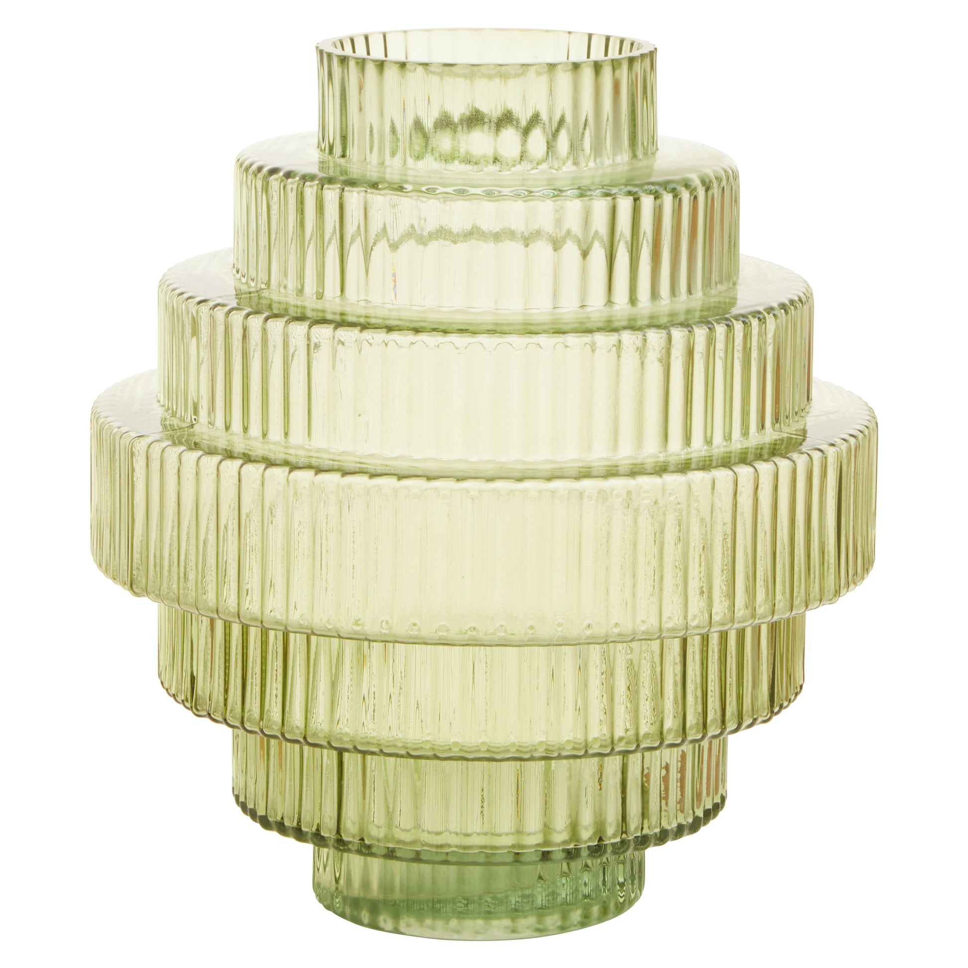 Green glass vase with ribbed texture on a white background