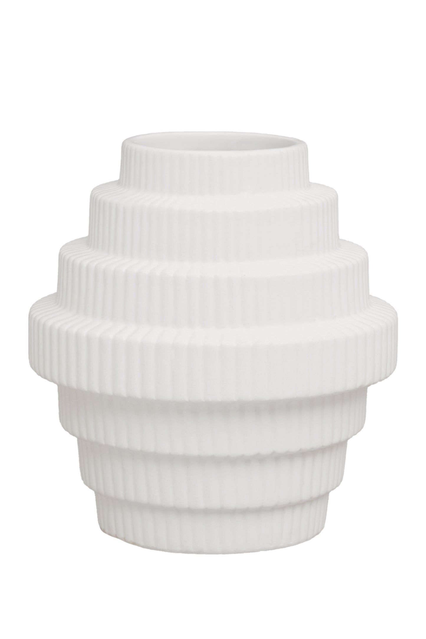 White ribbed vase on a white background