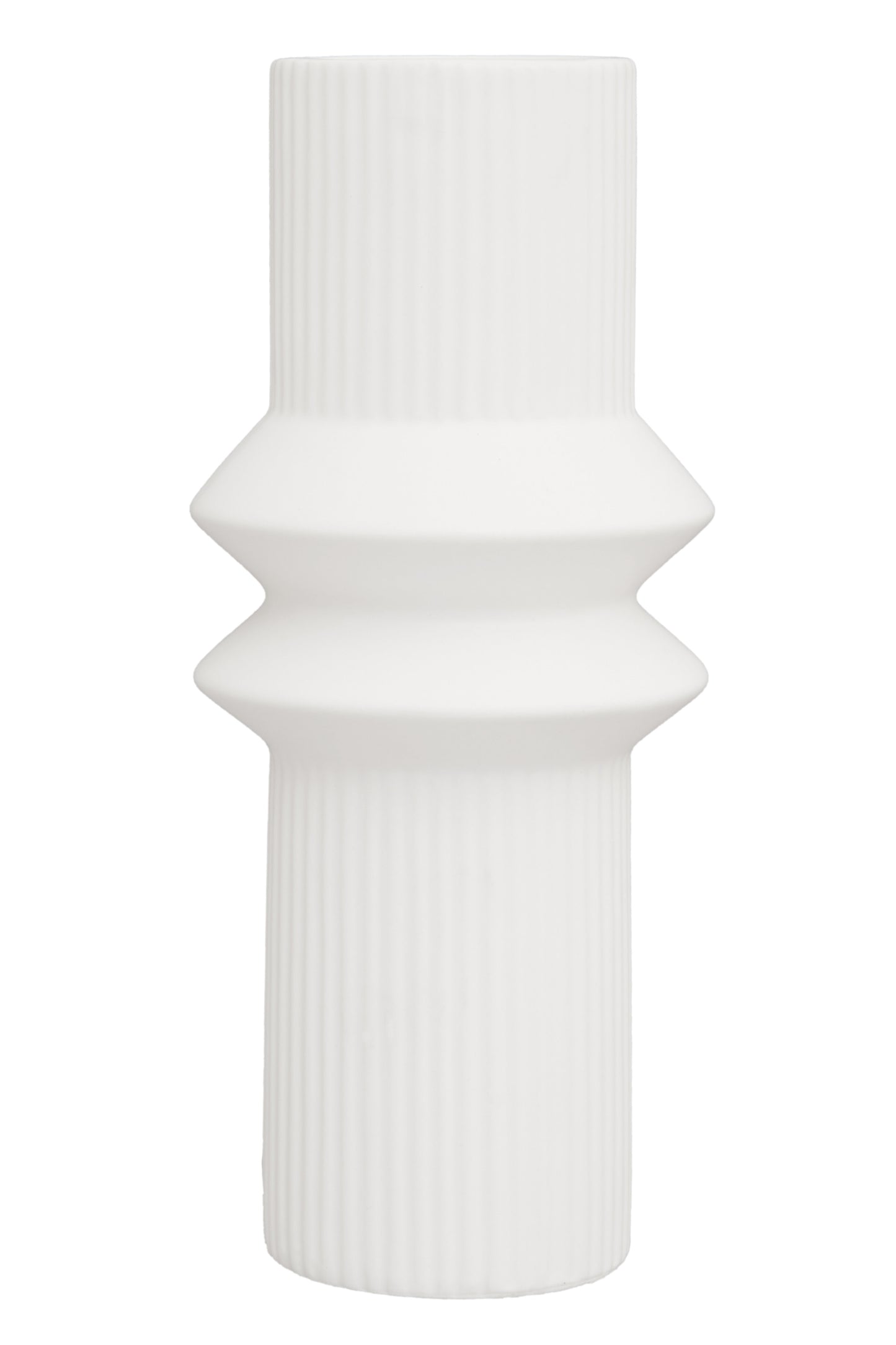 White ceramic vase with geometric design on a white background