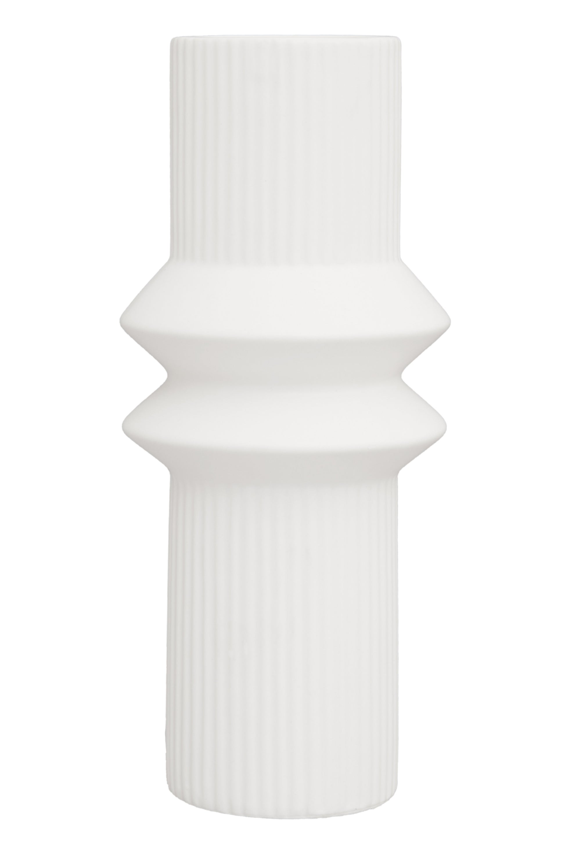 White ceramic vase with geometric design on a white background