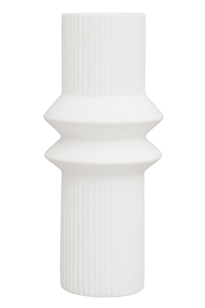 White ceramic vase with geometric design on a white background