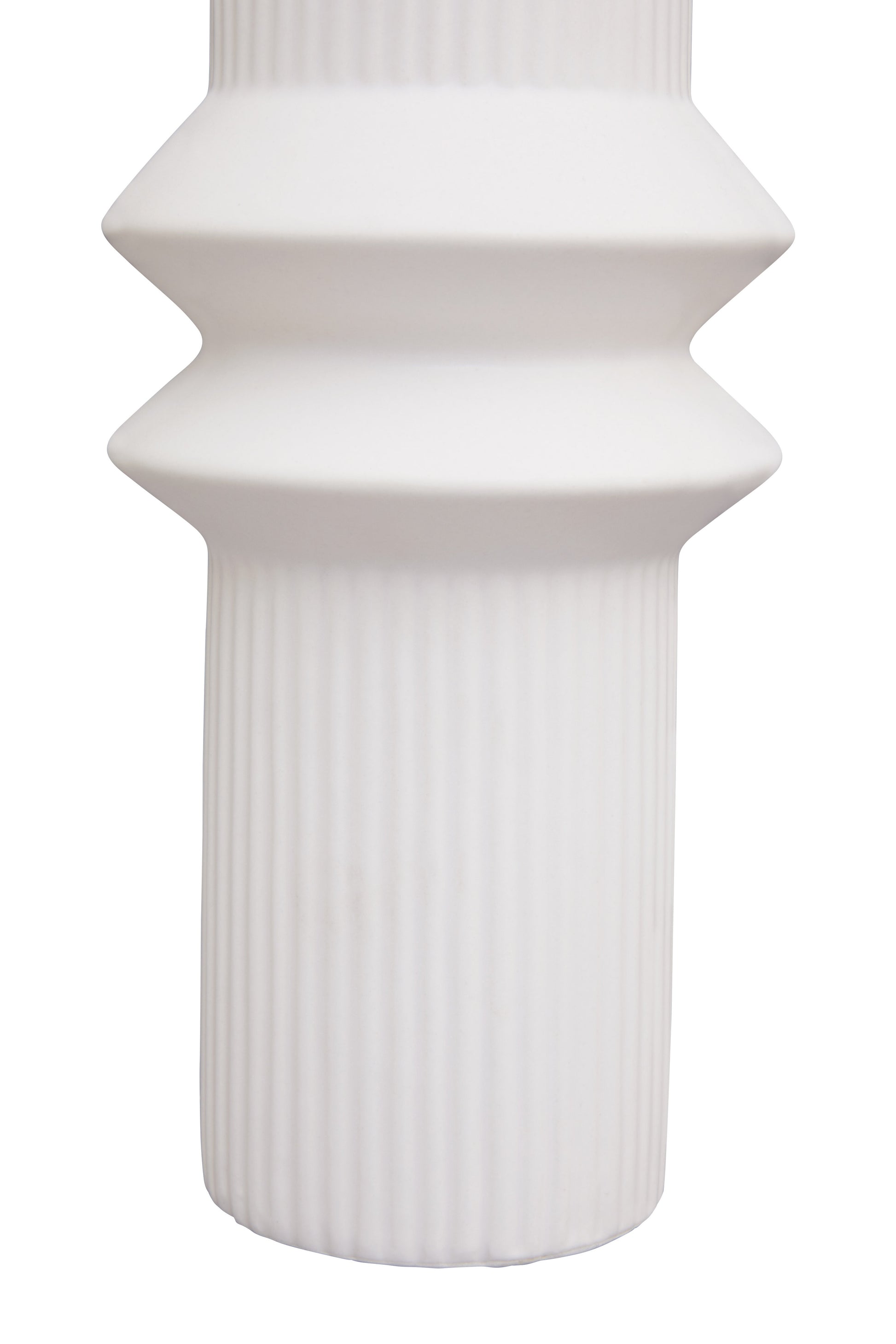 White ceramic vase with geometric design on a white background