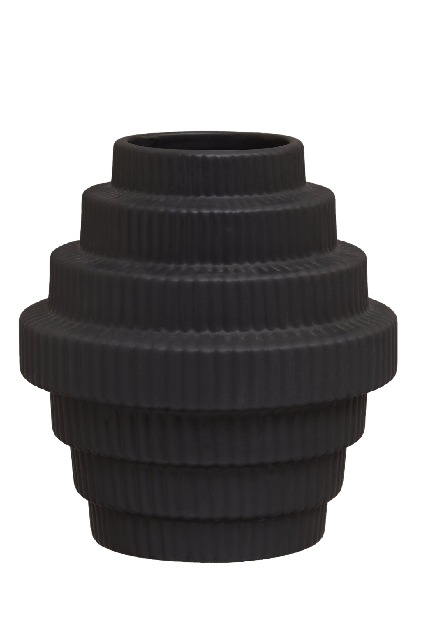 Black ribbed vase on a white background