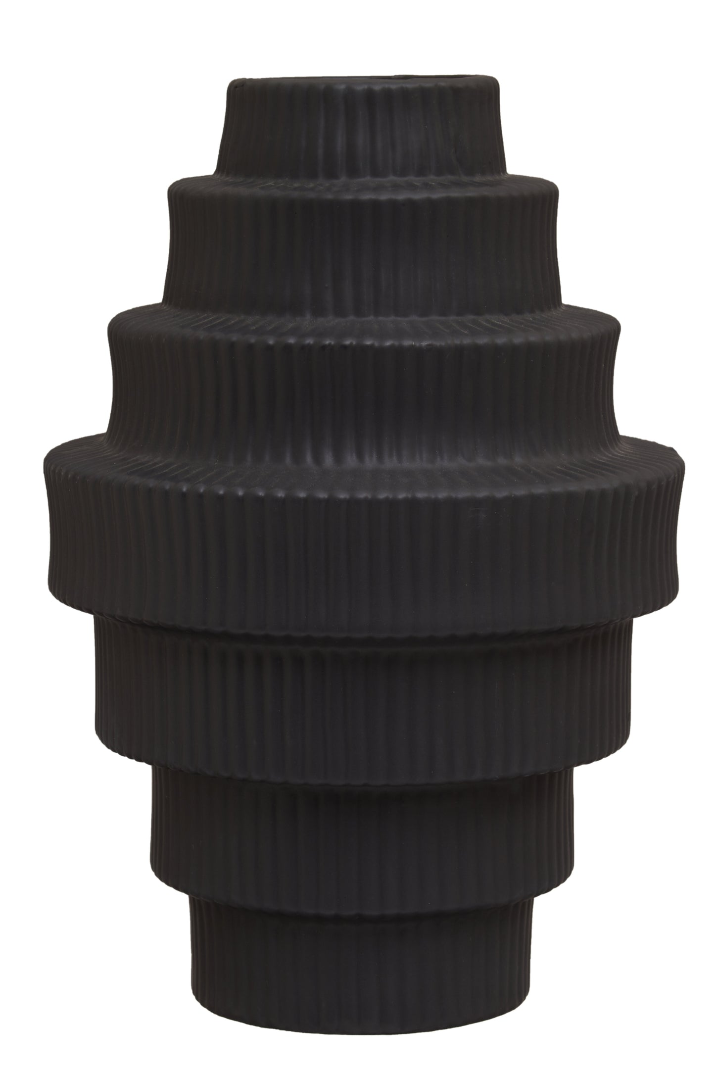 Stack of black ribbed vase on a white background