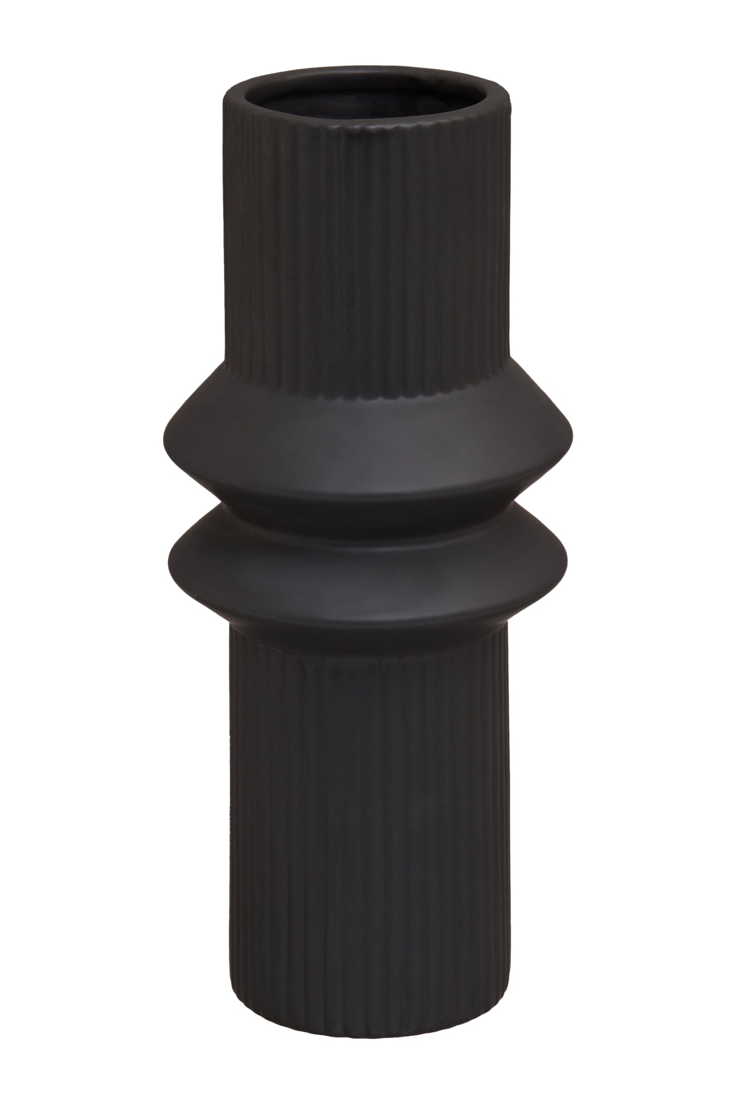 Black cylindrical vase with ribbed texture on a white background