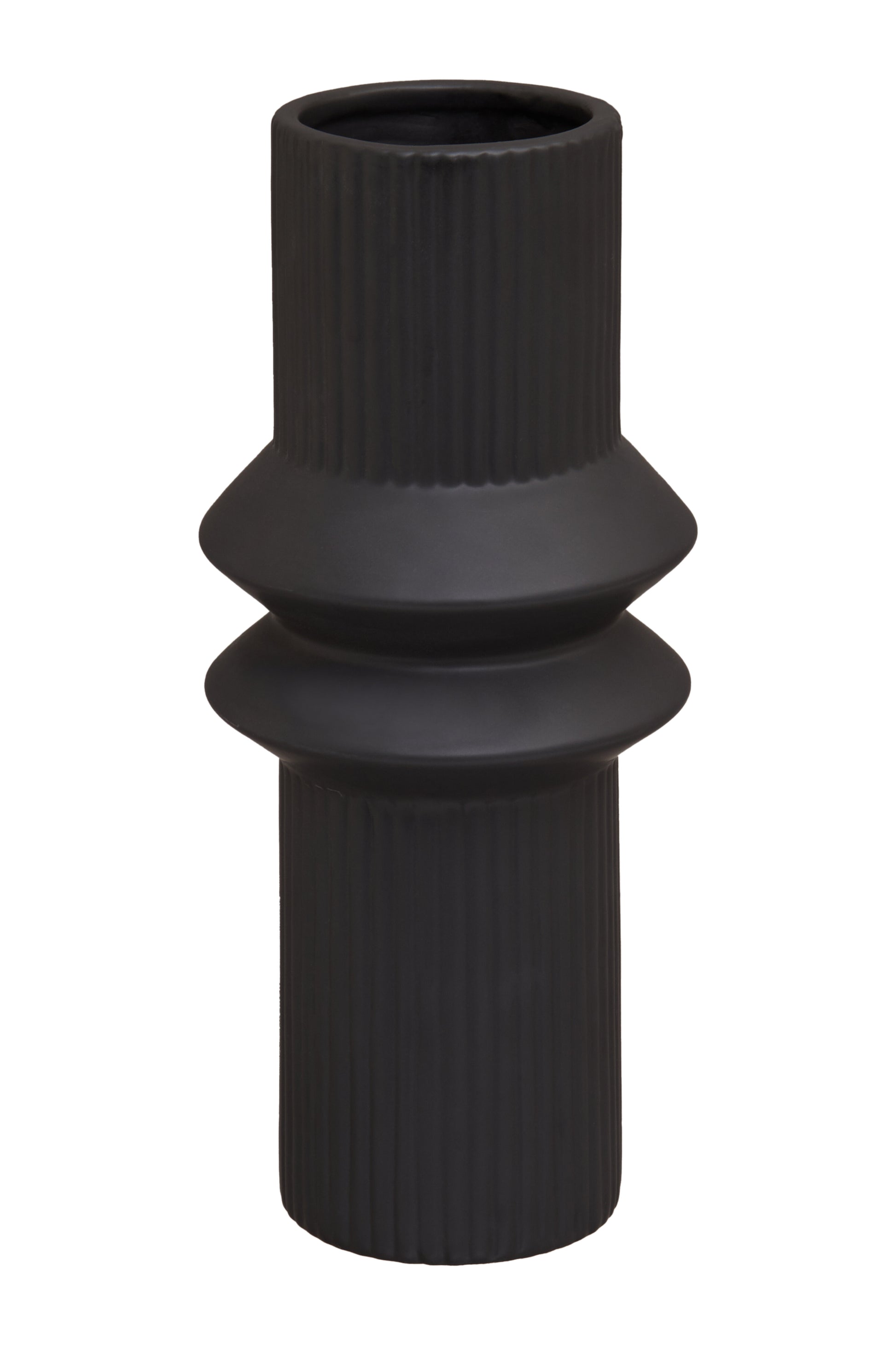Black cylindrical vase with ribbed texture on a white background