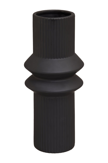 Black cylindrical vase with ribbed texture on a white background