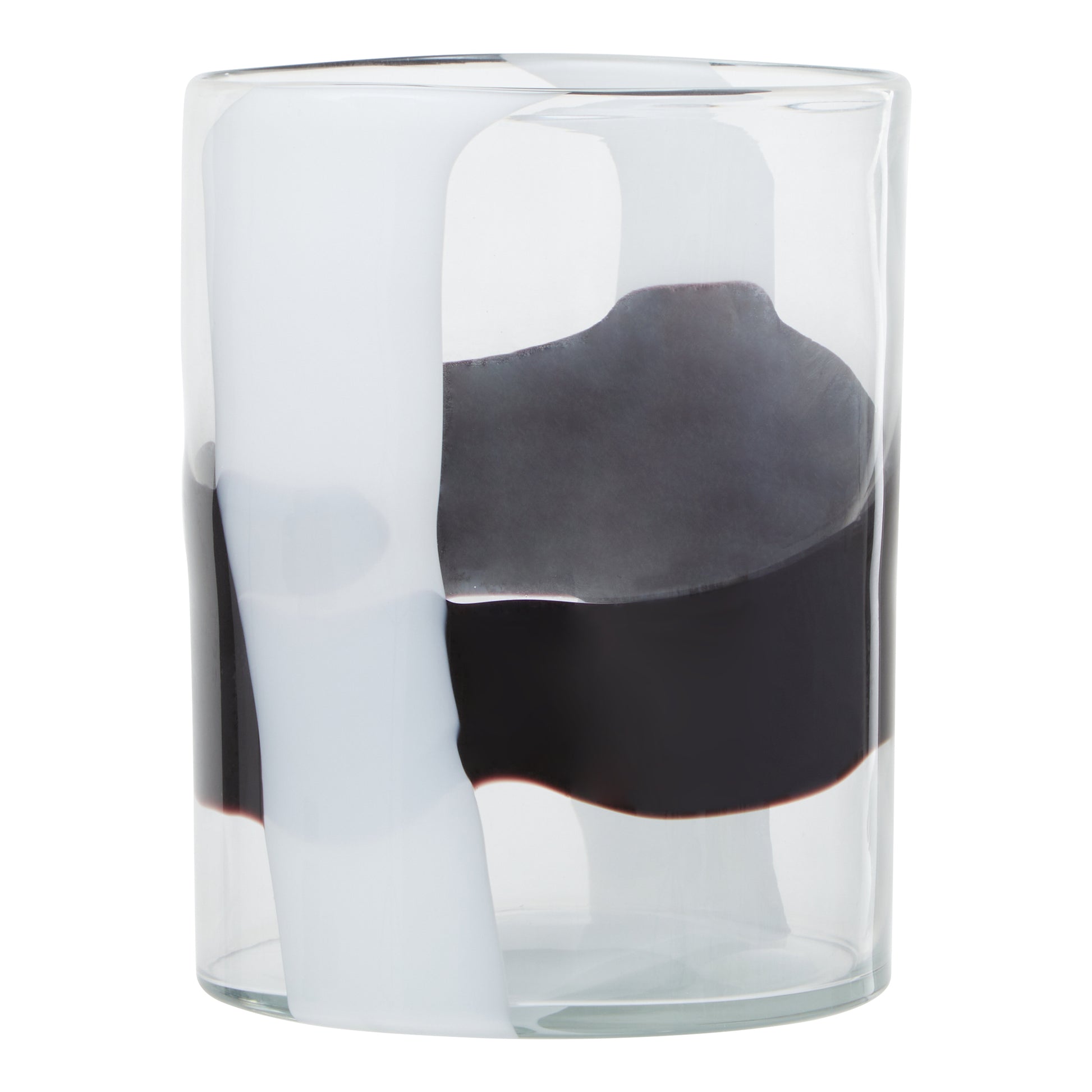 Glass vase with gray and black marbled design on a white background