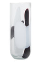 Clear glass vase with black and white abstract design on a white background