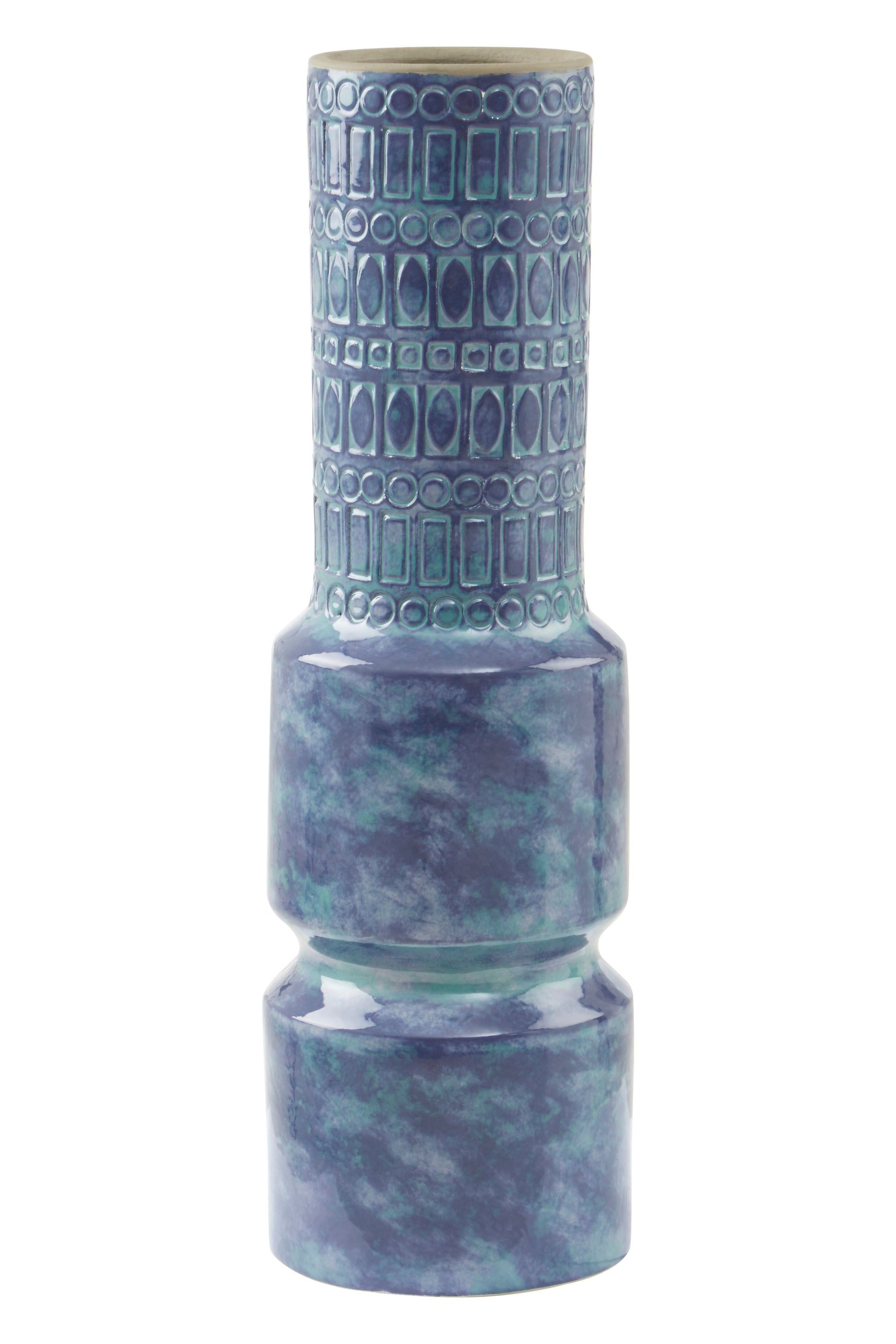 Blue ceramic vase with a textured pattern on a white background
