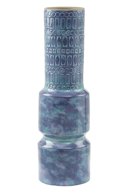 Blue ceramic vase with a textured pattern on a white background