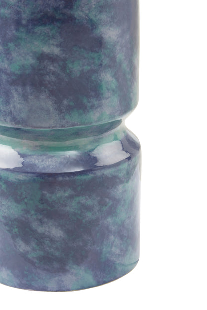 Two cylindrical containers with a blue and green marbled pattern on a white background
