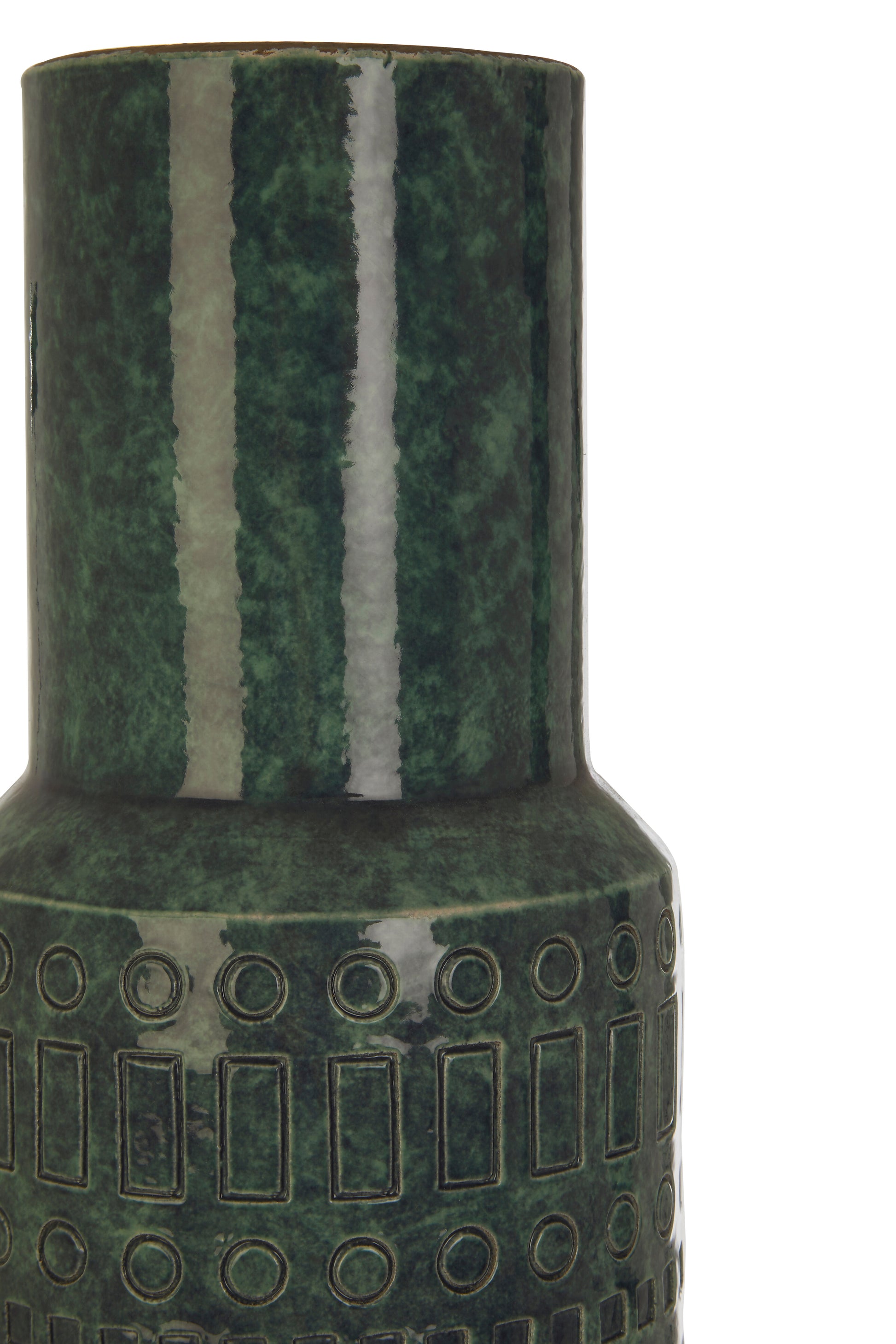 Green ceramic vase with textured design on a white background
