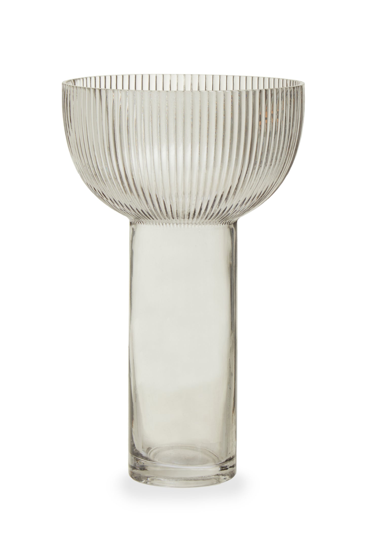 Clear glass vase with ribbed design on a white background
