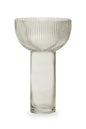 Clear glass vase with ribbed design on a white background
