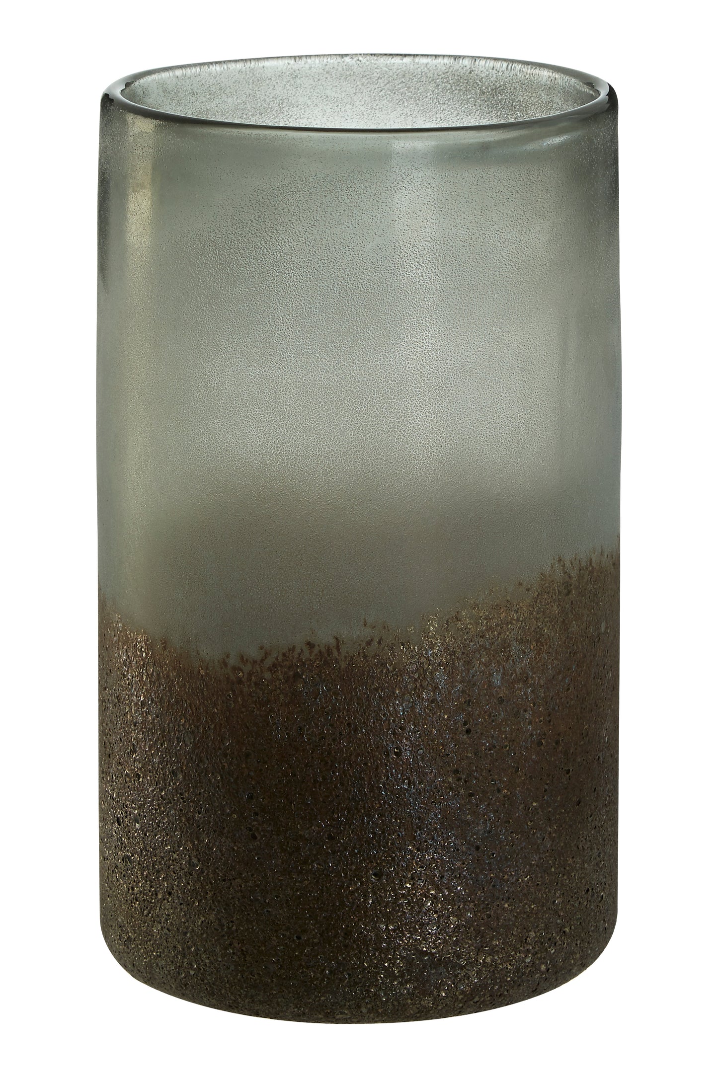 Tall cylindrical glass with gradient color from clear to brown on a white background