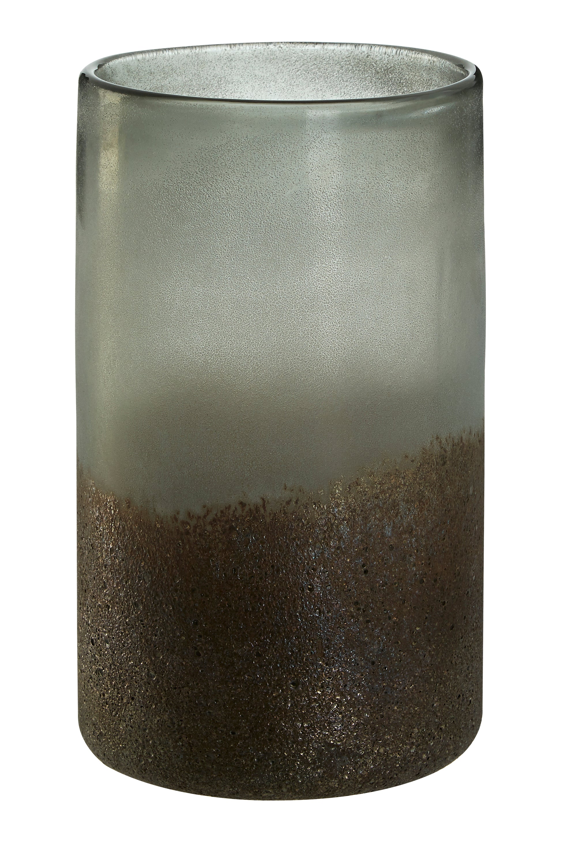 Tall cylindrical glass with gradient color from clear to brown on a white background