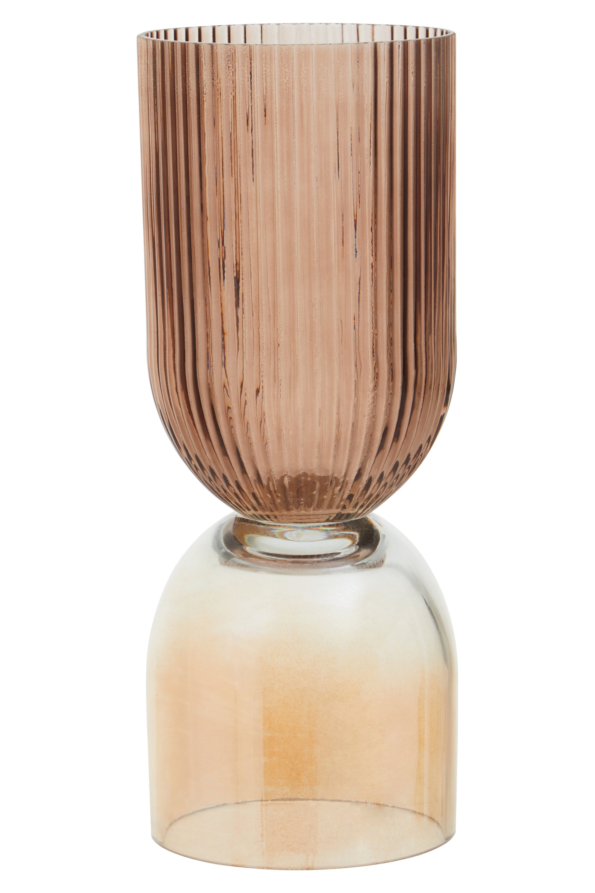 Glass vase with ribbed design and gradient color on a white background
