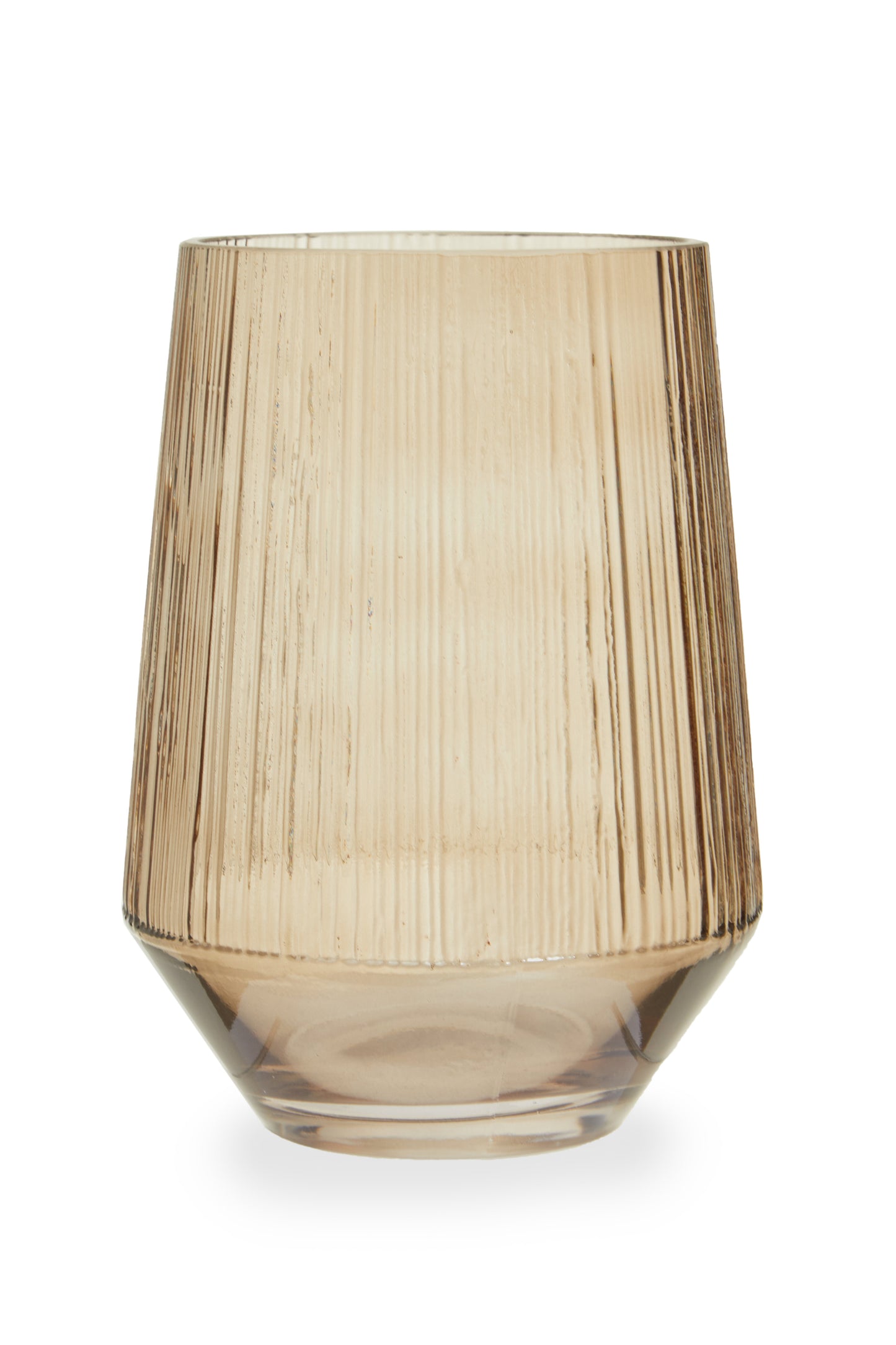 Brown glass vase with ribbed texture on a white background