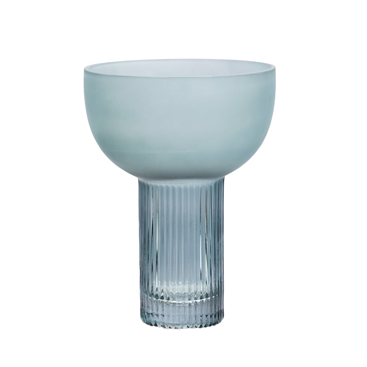 Blue glass vase with ribbed design on a white background